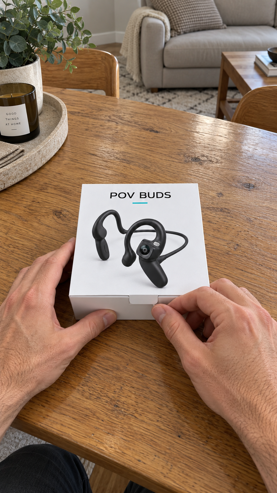 POV BUDS white retail packaging shown in an illustrative unboxing scene